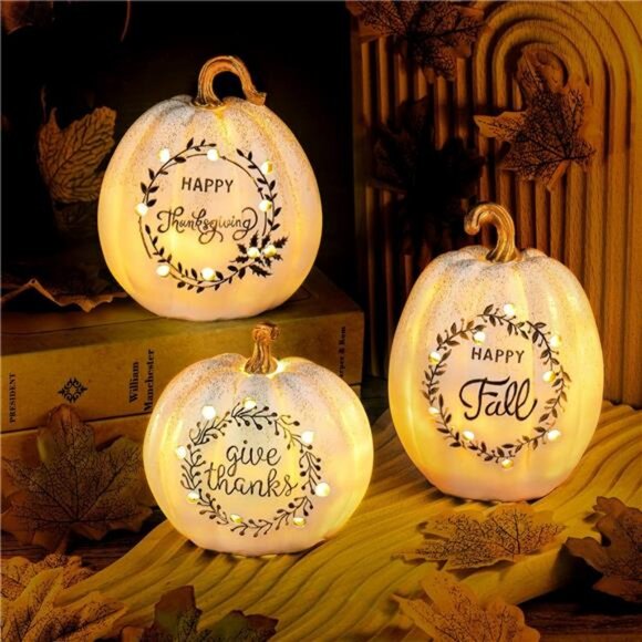 3 Pack Happy Fall White Pumpkin Light Tabletop Decor Set Pumpkin Resin with LED - Picture 1 of 7